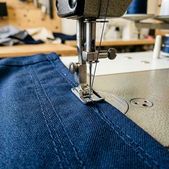 Máquina de coser realizando costura reforzada en tela escolar